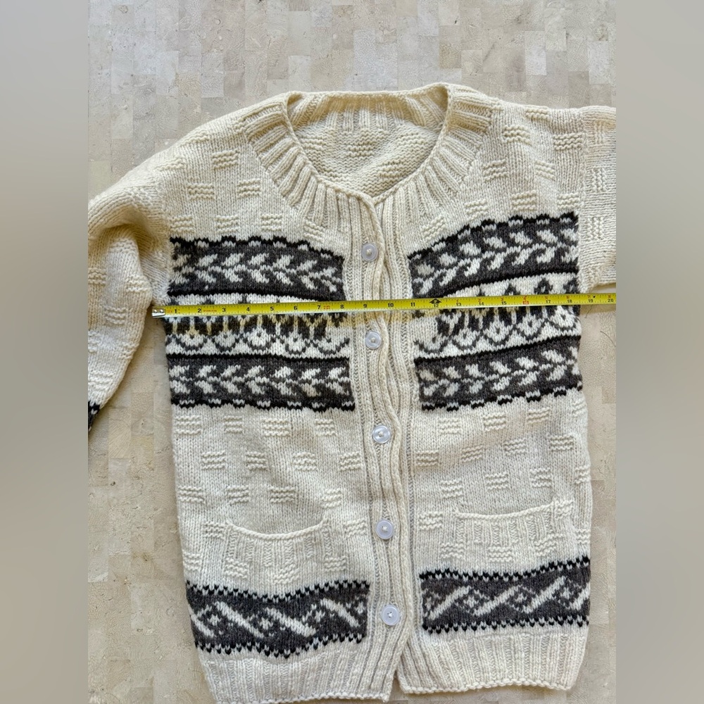 VINTAGE Wool Chunky Heavyweight Hand knit Mohair Fair Isle Cardigan Sweater M - Picture 4 of 9